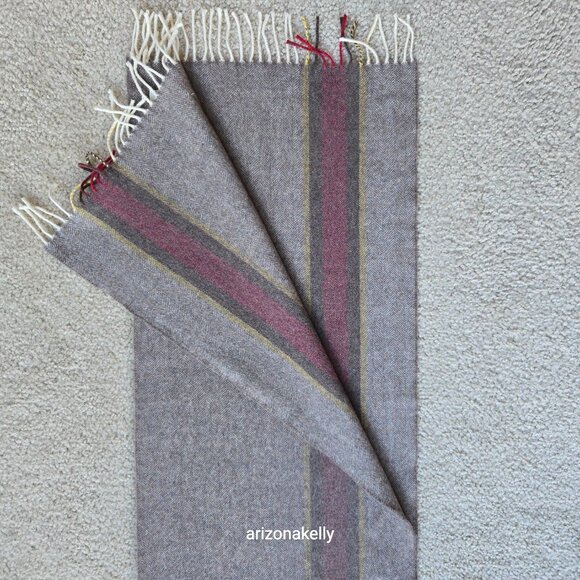 NWOT Wool Herringbone Scarf Brown with Burgundy & Yellow Stripe - Picture 11 of 11